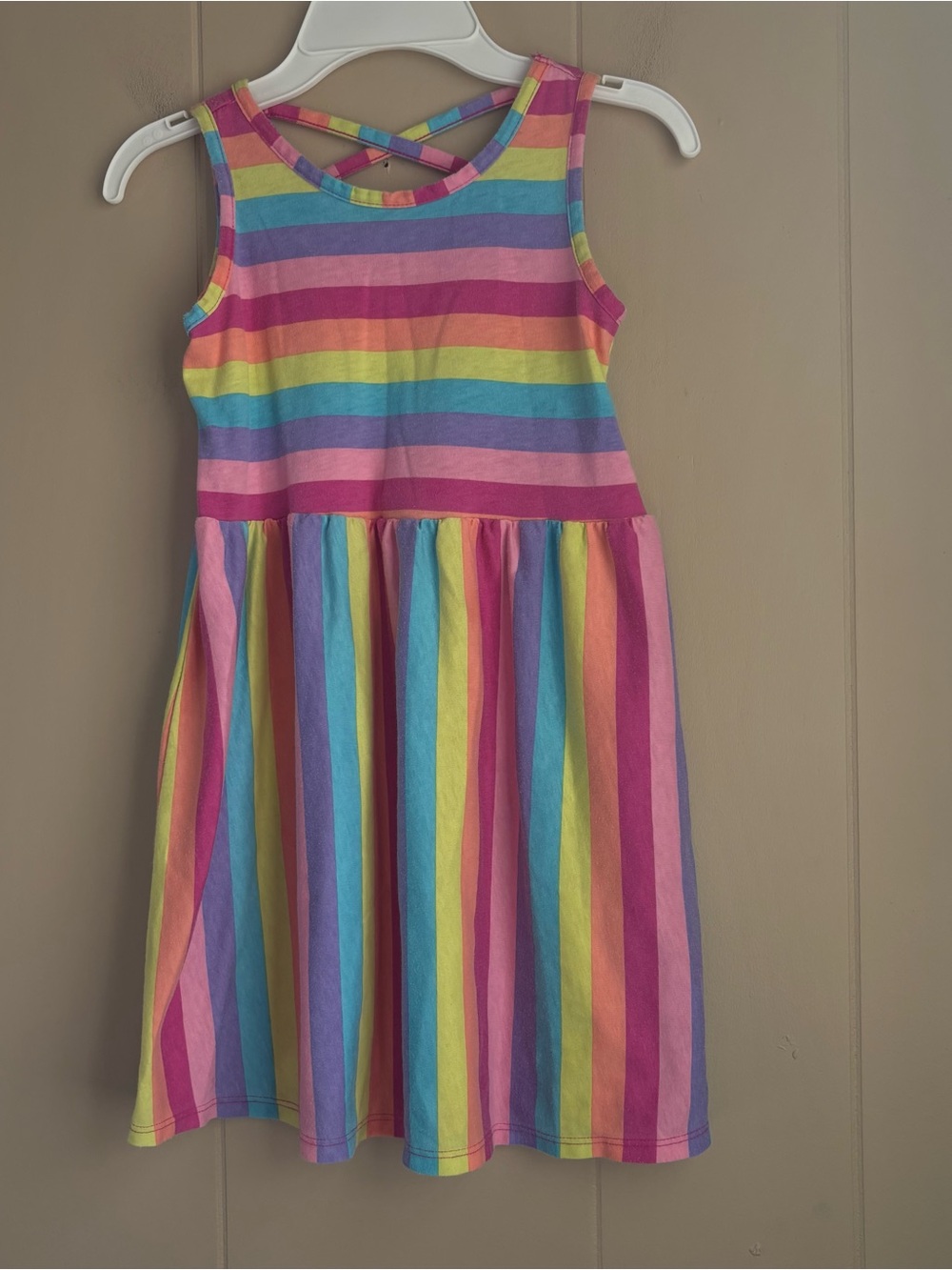 The Childrenās Place Girls Rainbow Stripe Criss-Cross Back Tank Dress Size 5/6